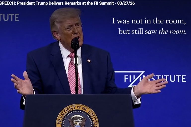 A photograph of President Donald Trump speaking at a podium. Text overlay : I was not in the room, but still saw the room.