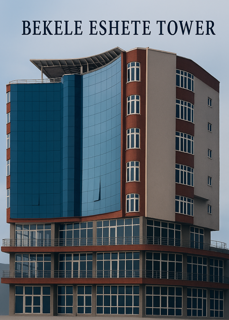 Bekele Eshete Towers building with blue glass and red brick facade, name placed top-left