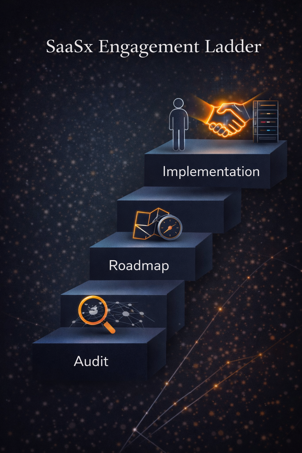 Infographic illustrating the three-stage engagement model: Audit (magnifying glass), Roadmap (compass), and Guided Implementation (connecting hands)