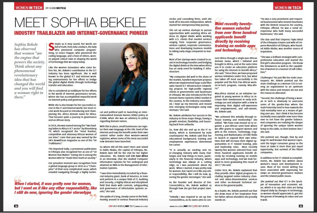 Two-page CIO Magazine feature titled “Meet Sophia Bekele: Industry Trailblazer and Internet Governance Pioneer.