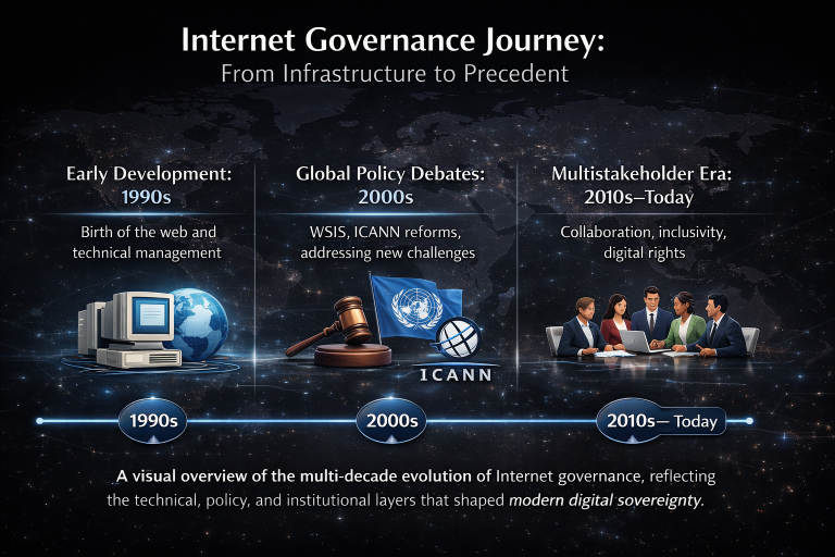 Abstract timeline visualization of global Internet governance showing the evolution from early technical infrastructure through policy development, multistakeholder governance, and digital rights, with Africa connected to global networks.