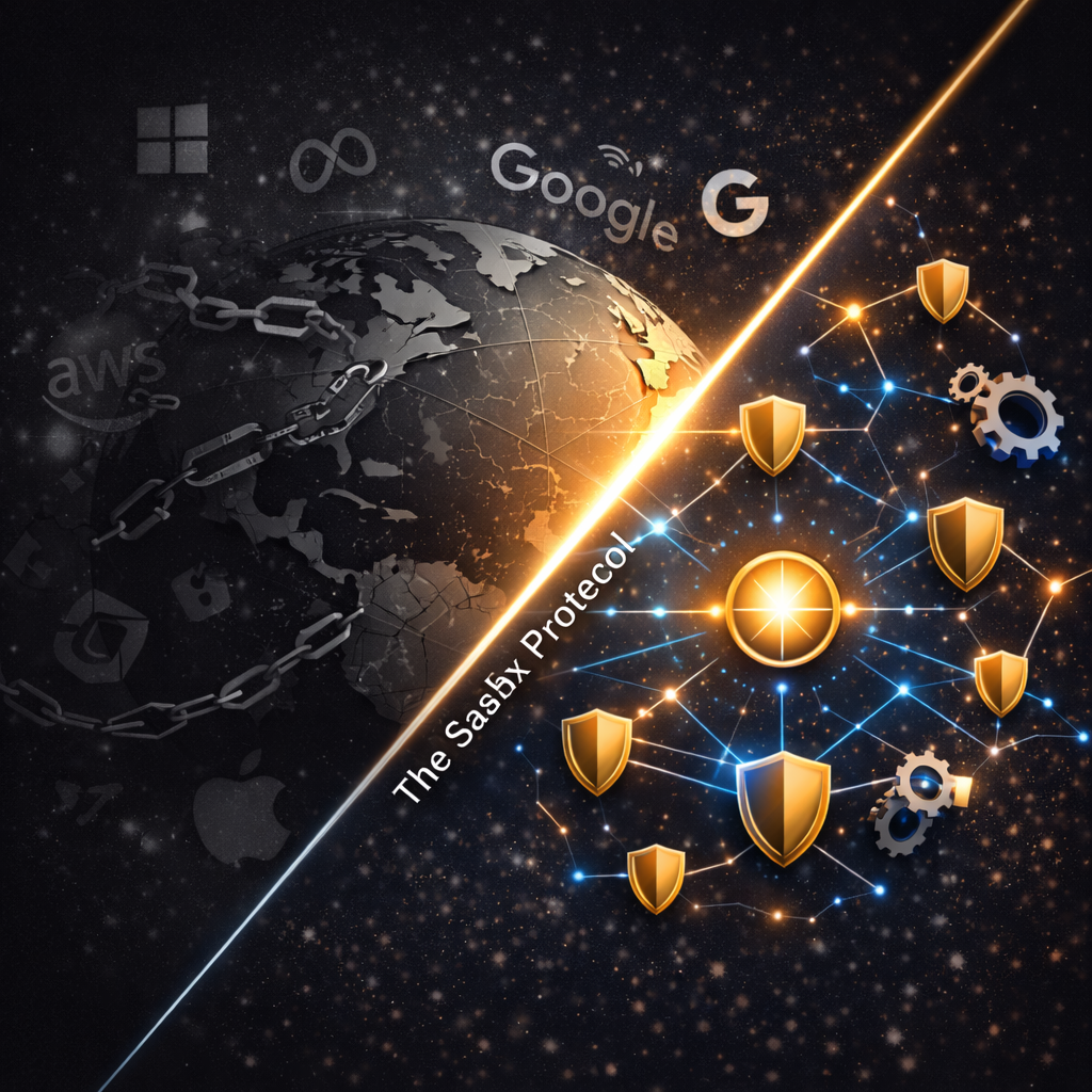 Visual diagram contrasting digital vulnerability and sovereign architecture, illustrating the SaaSx framework transformation