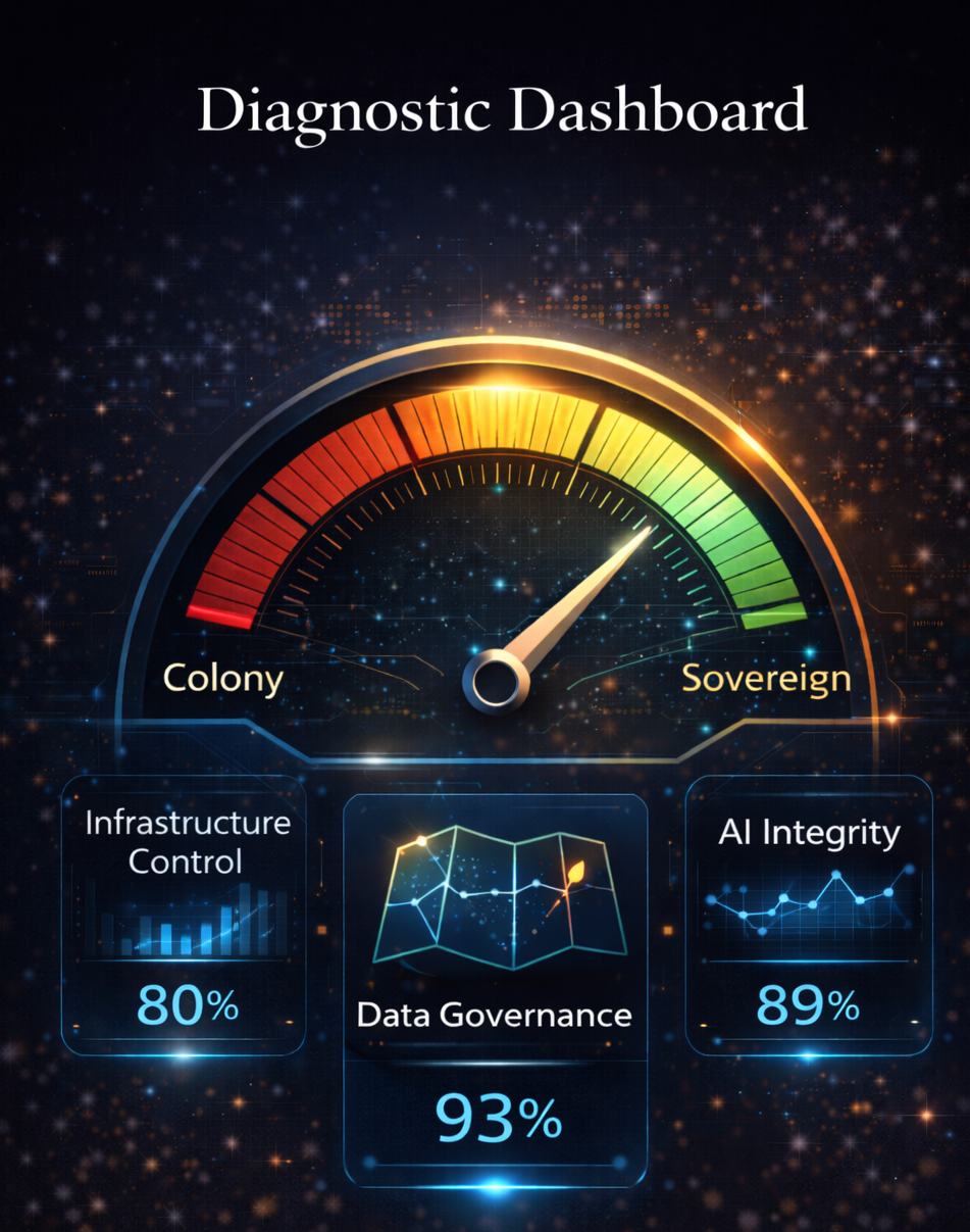 Visualization of The Digital Sovereignty Score™ dashboard interface showing a diagnostic gauge and metrics for infrastructure, AI, and governance