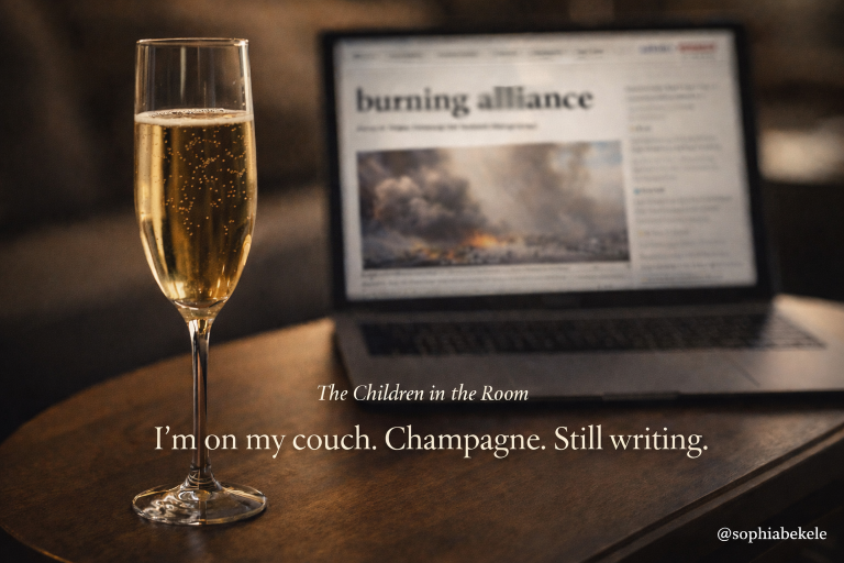 A glass of champagne on a coffee table with a laptop in the background, dim lighting. Text overlay reads burning alliance The Children in the Room I'm on my couch Champagne Still writing