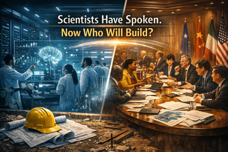 Split composition image for the article "Scientists Have Spoken. Now Who Will Build?" Left side shows scientists in a lab with holographic data. Right side shows architects at a round table, representing governance builders. Text overlay reads: "Scientists Have Spoken. Now Who Will Build?