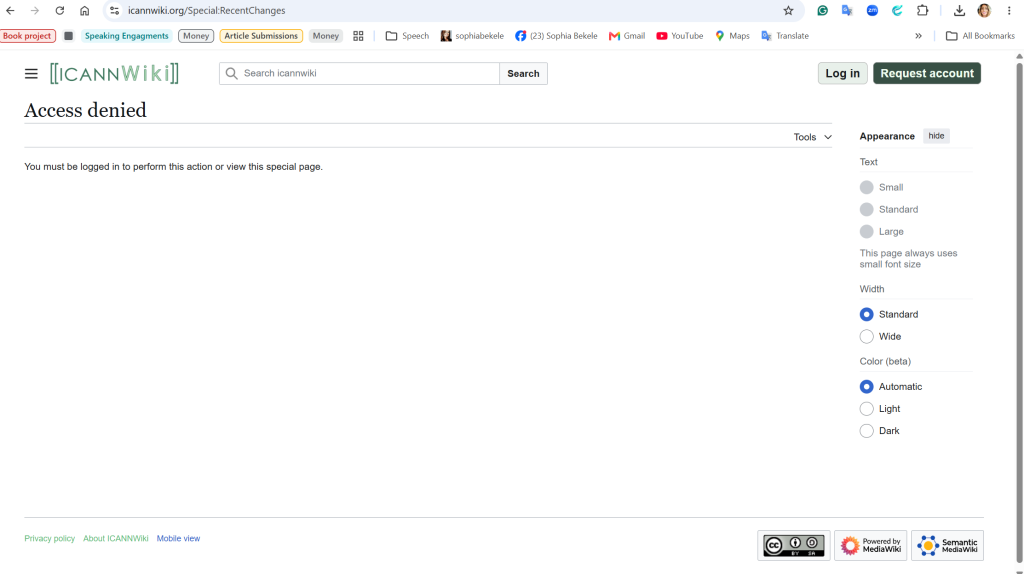 Screenshot of ICANNWiki showing 'Access Denied' message when attempting to view page history, with 'Log in' and 'Request account' options visible